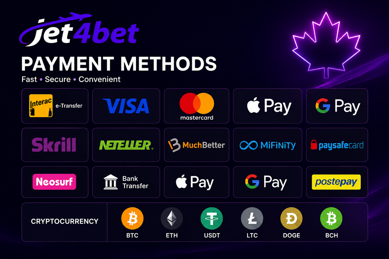 Jet4Bet Canada payment methods including Interac and cryptocurrency