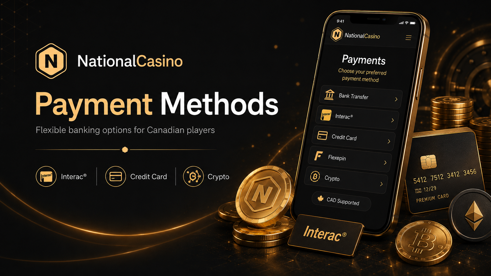 NationalCasino Canada payment methods including Interac cards bank payments and cryptocurrency