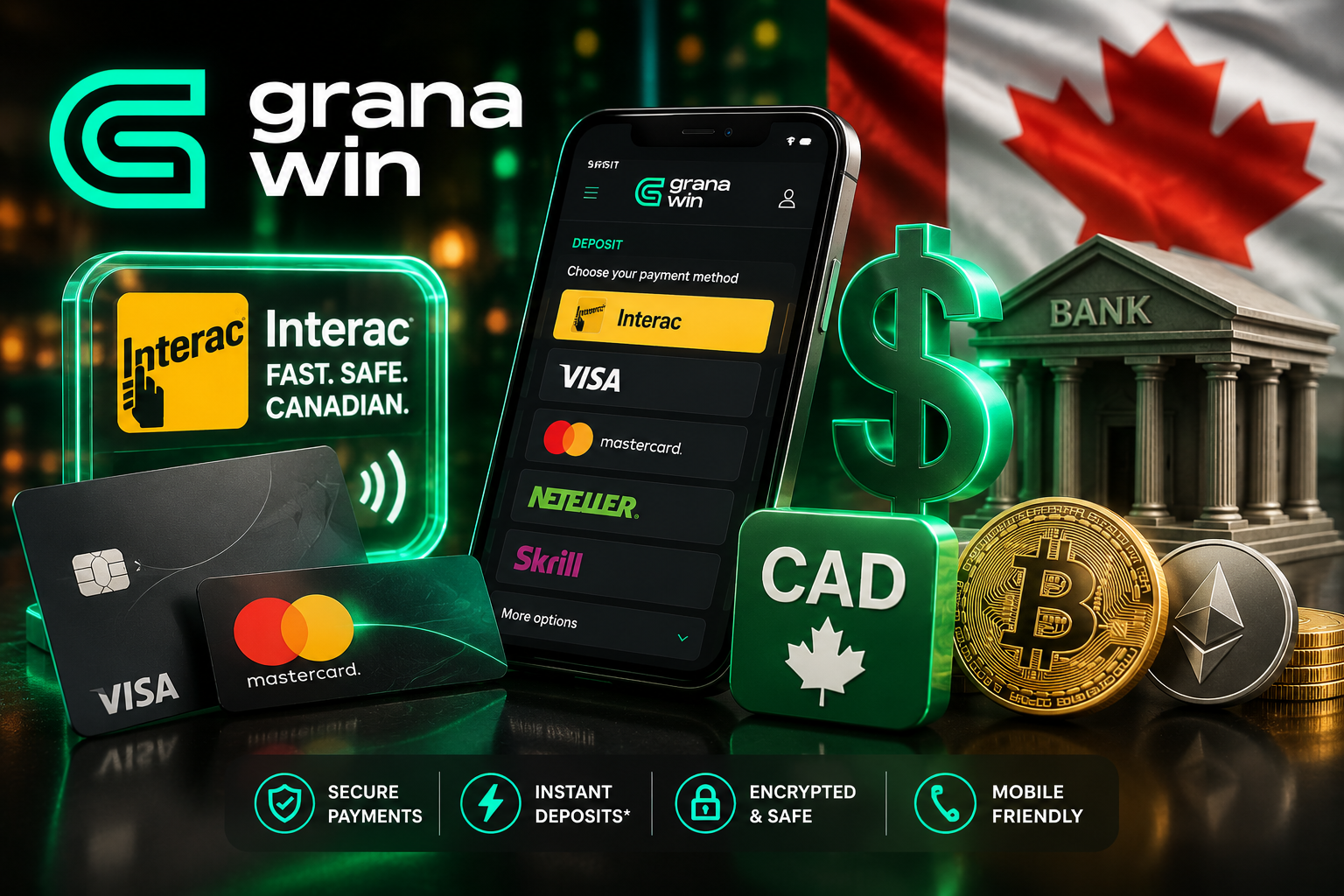 Granawin Canada payments including Interac CAD cards and crypto