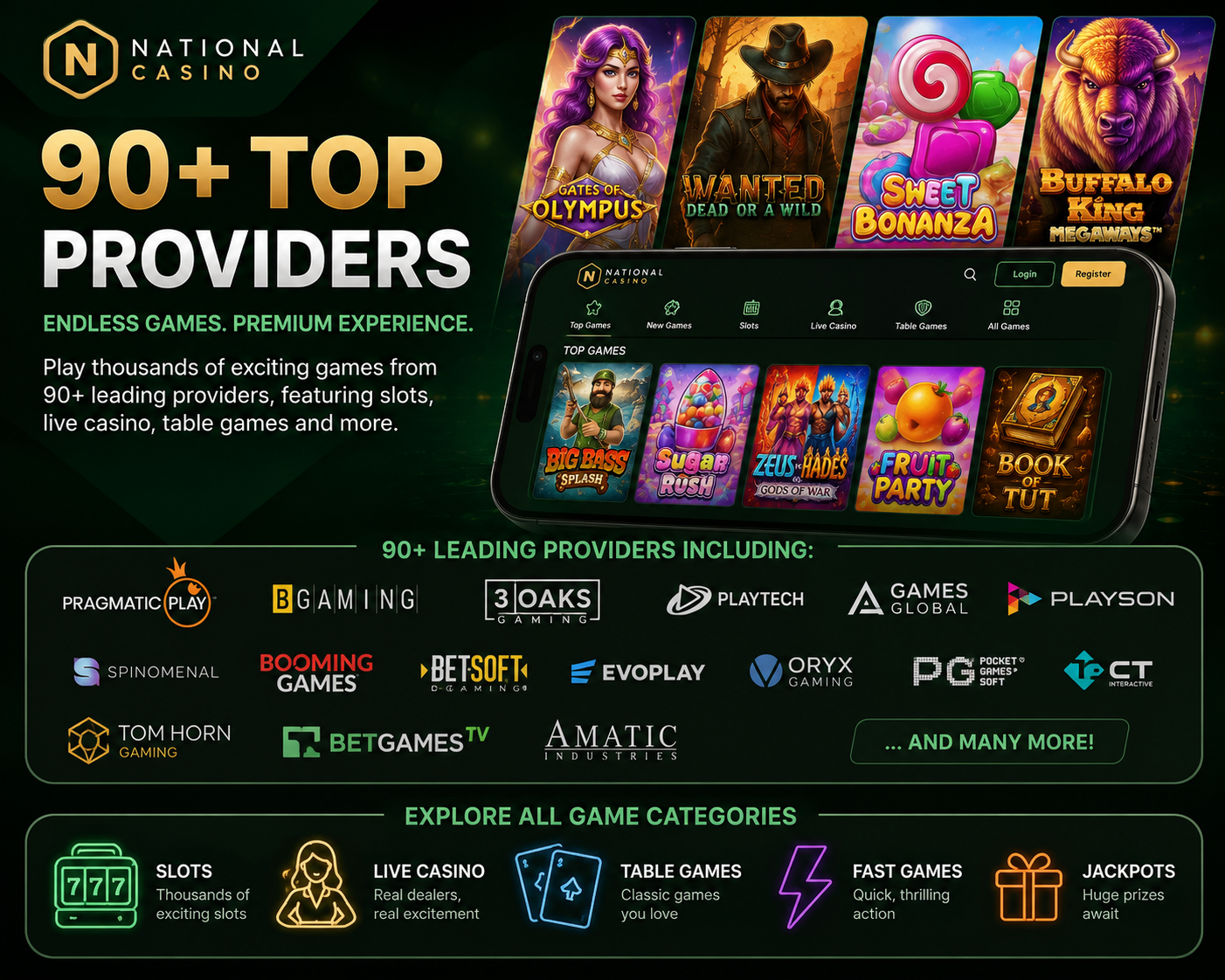 NationalCasino games and software providers available in the casino lobby